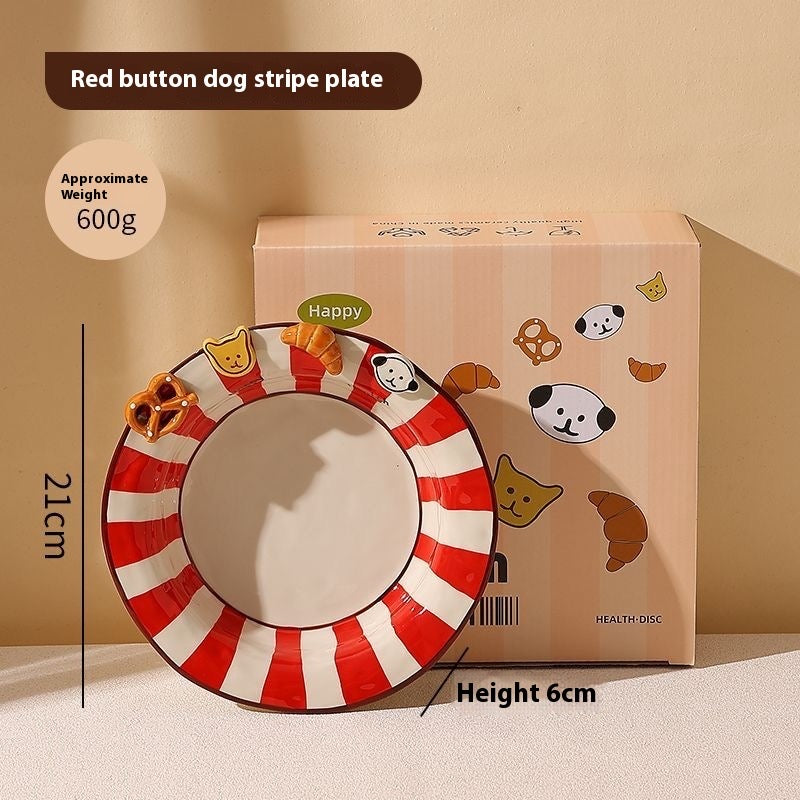 Handmade animal-shaped button ceramic bowl with colorful stripes