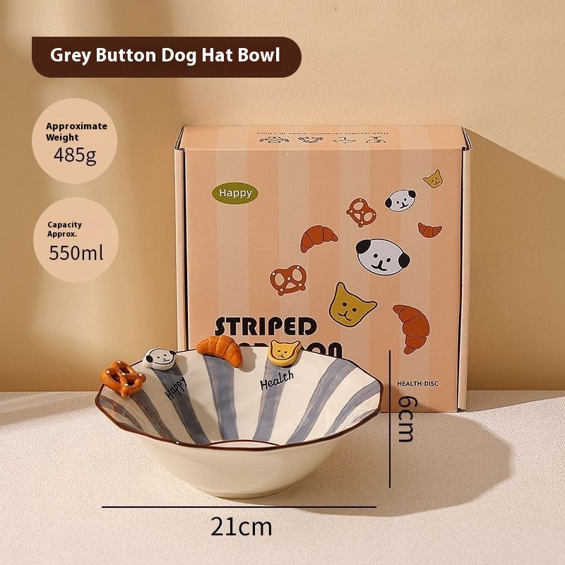 Handmade animal-shaped button ceramic bowl with colorful stripes