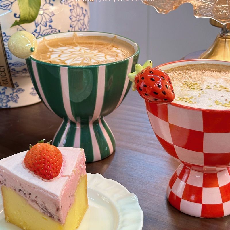 Handmade strawberry and lemon high-footed ceramic cup