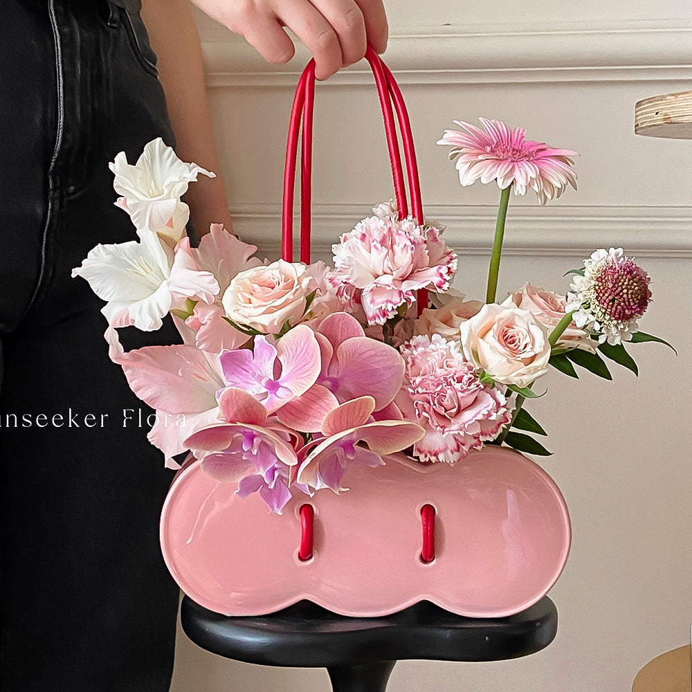 Ceramic Handheld Flower Basket Bag Vase