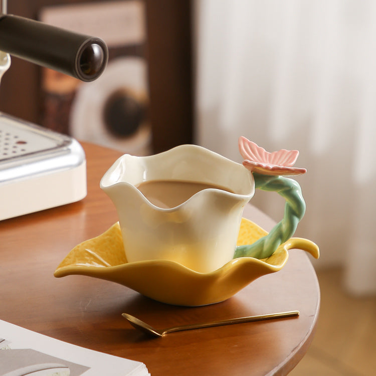 Flower and butterfly ceramic coffee cups and saucers
