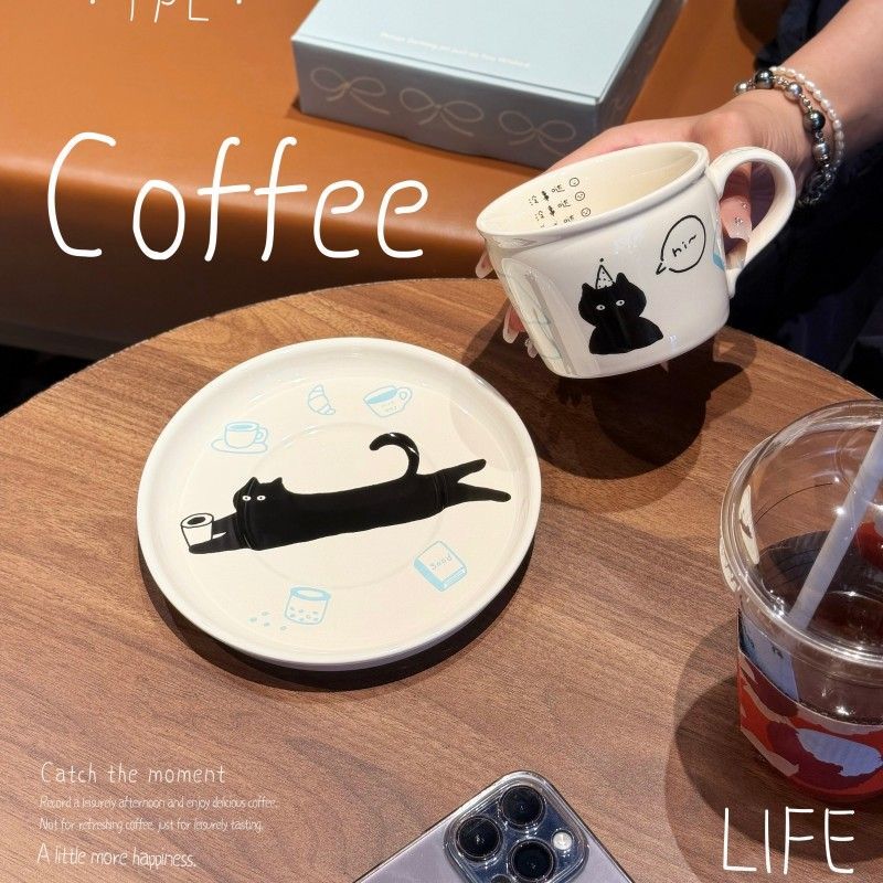 Black Cat Apple Ceramic coffee cups and saucers