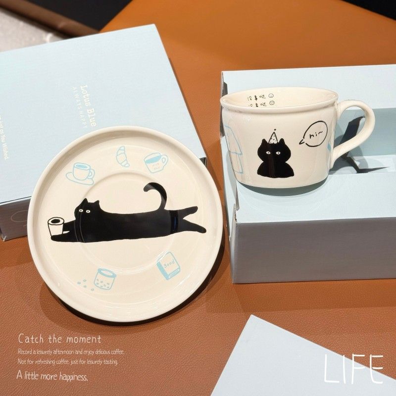 Black Cat Apple Ceramic coffee cups and saucers