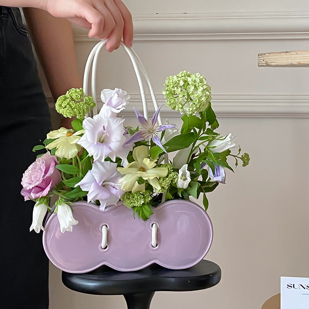 Ceramic Handheld Flower Basket Bag Vase