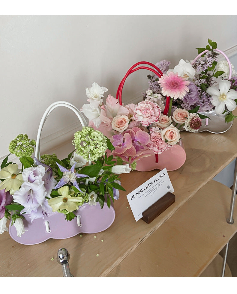 Ceramic Handheld Flower Basket Bag Vase