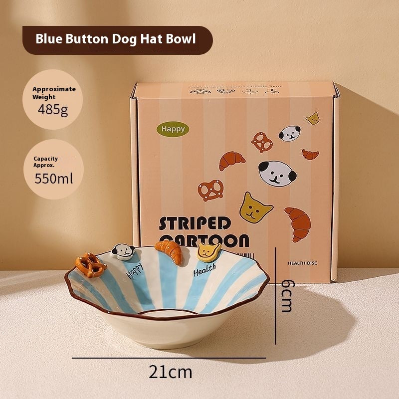Handmade animal-shaped button ceramic bowl with colorful stripes