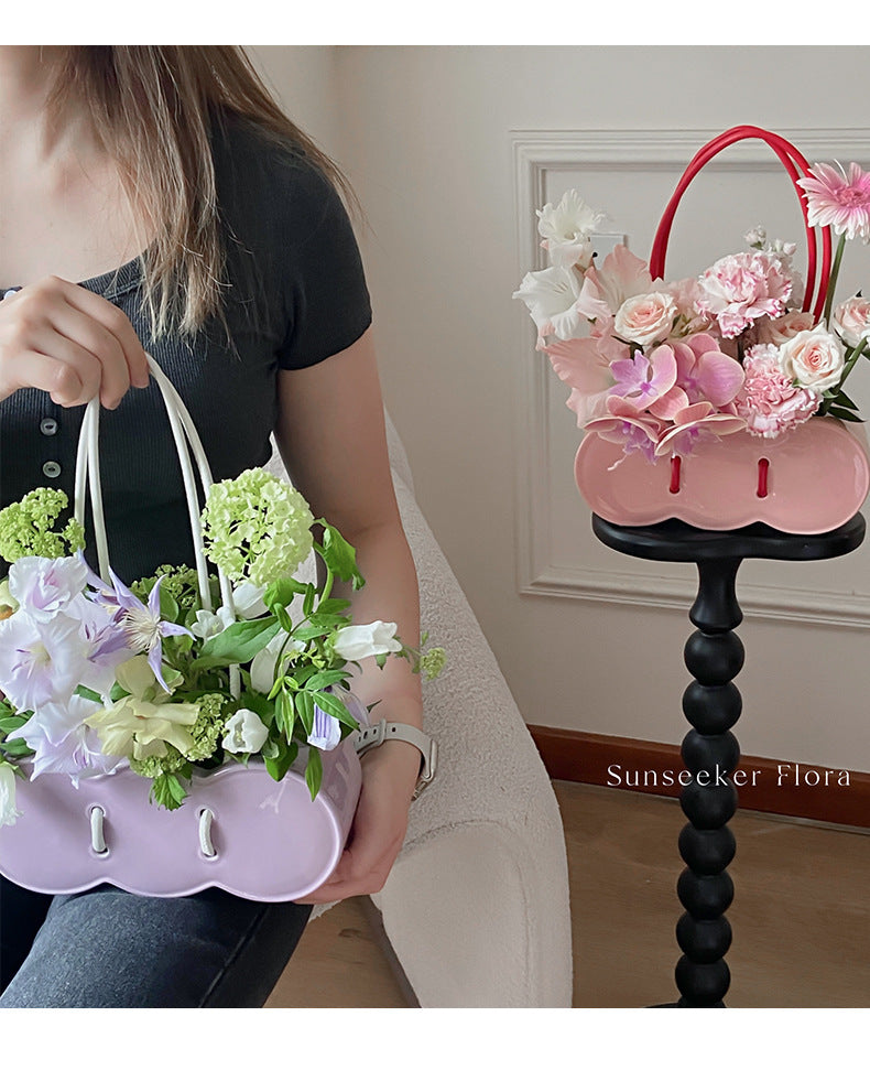 Ceramic Handheld Flower Basket Bag Vase
