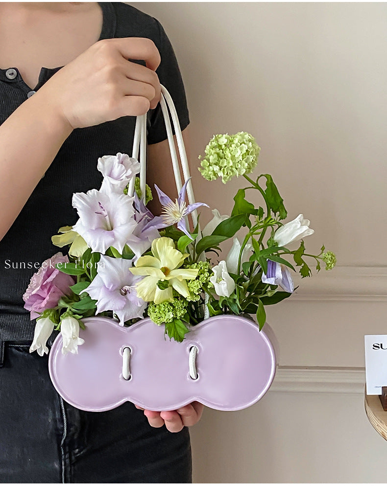 Ceramic Handheld Flower Basket Bag Vase