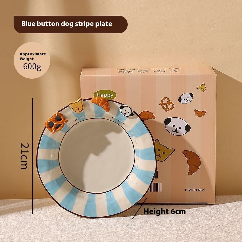Handmade animal-shaped button ceramic bowl with colorful stripes