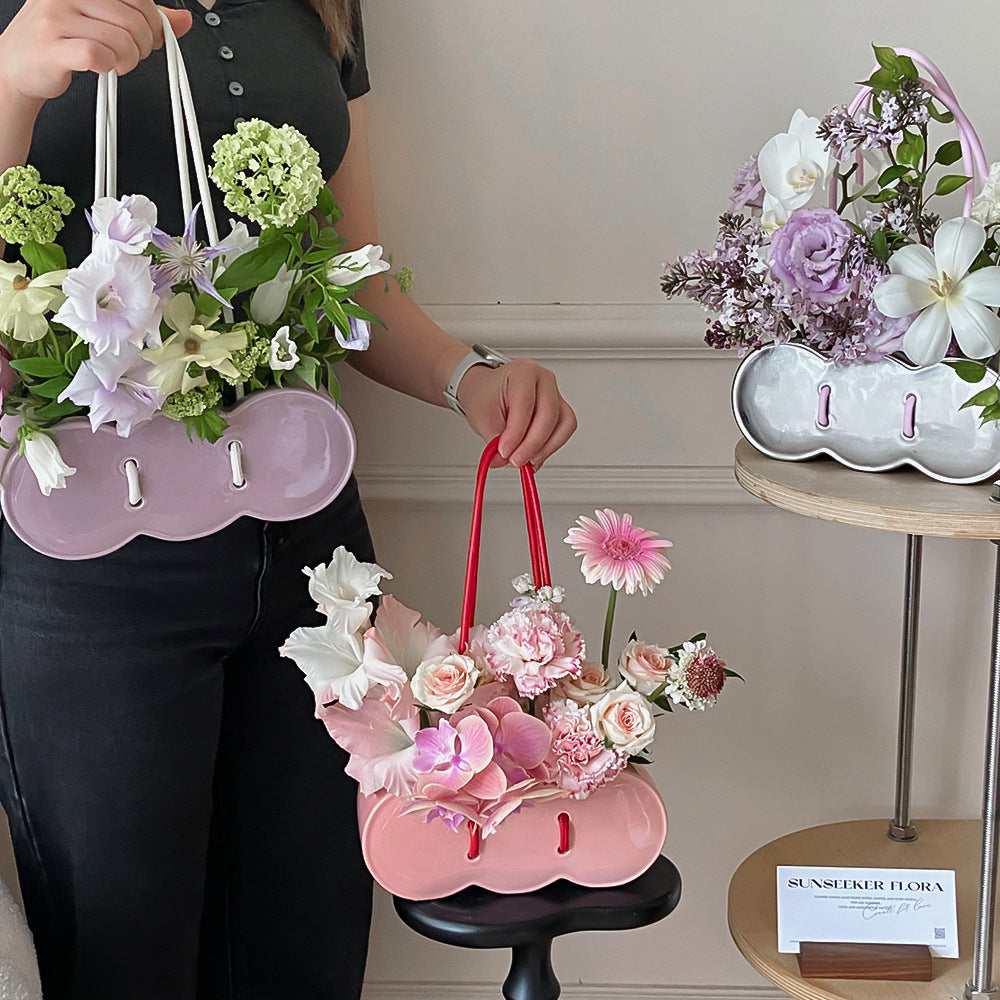 Ceramic Handheld Flower Basket Bag Vase