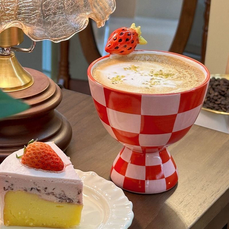 Handmade strawberry and lemon high-footed ceramic cup