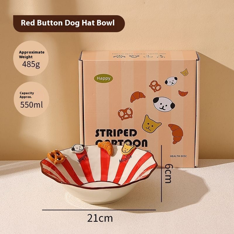 Handmade animal-shaped button ceramic bowl with colorful stripes