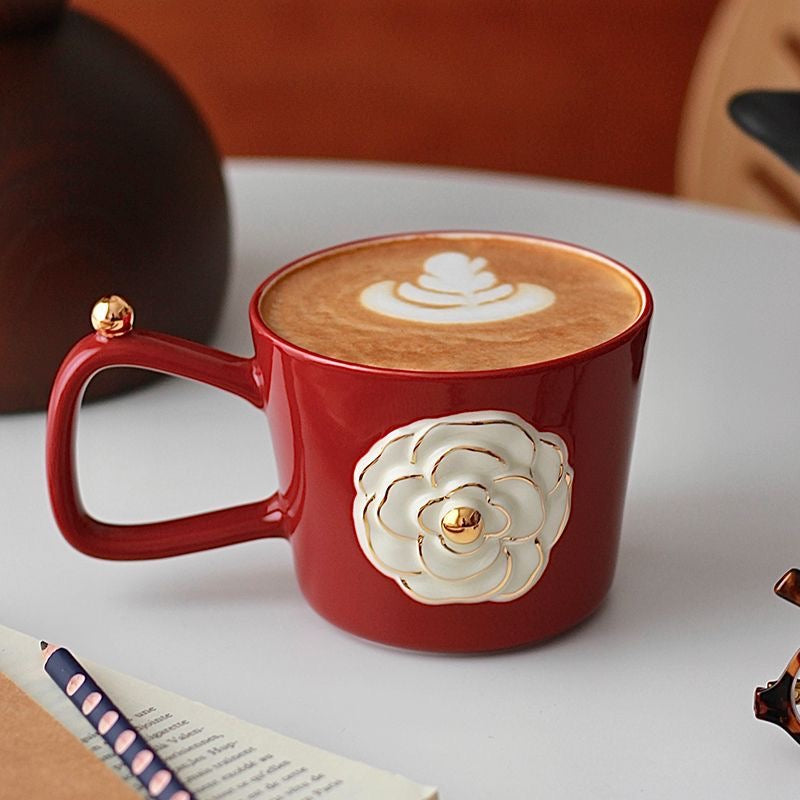 Romantic three-dimensional camellia ceramic mug