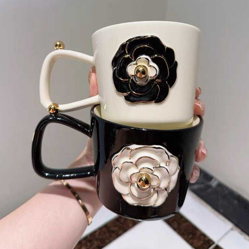 Romantic three-dimensional camellia ceramic mug