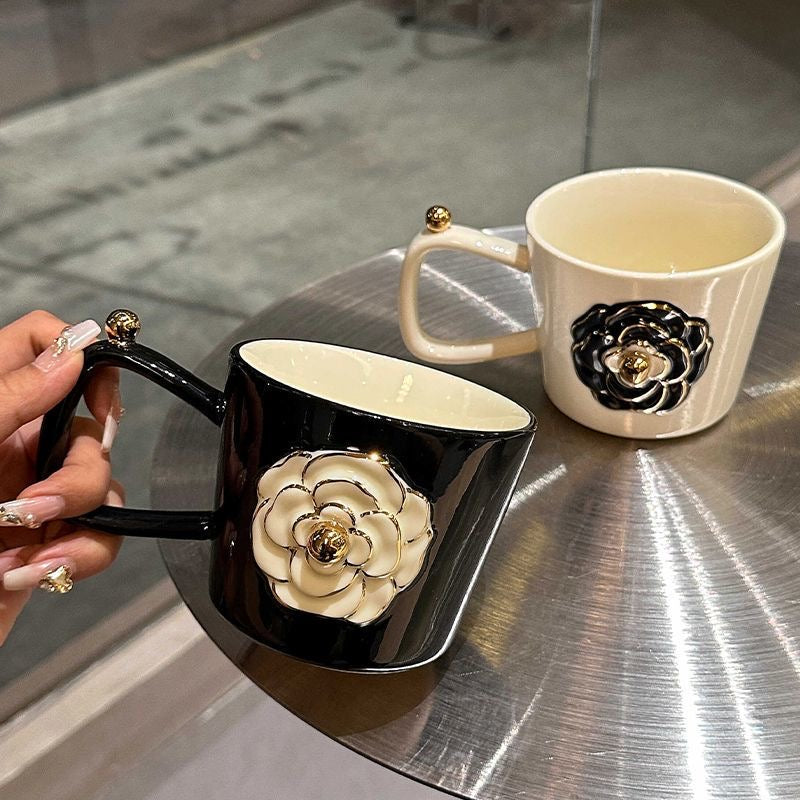 Romantic three-dimensional camellia ceramic mug