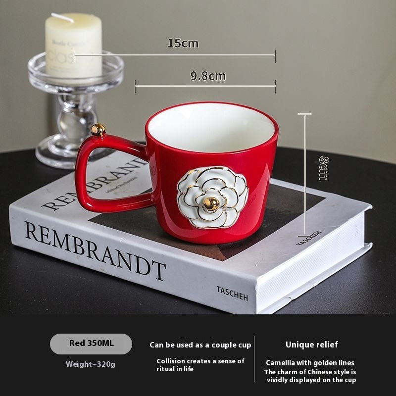 Romantic three-dimensional camellia ceramic mug