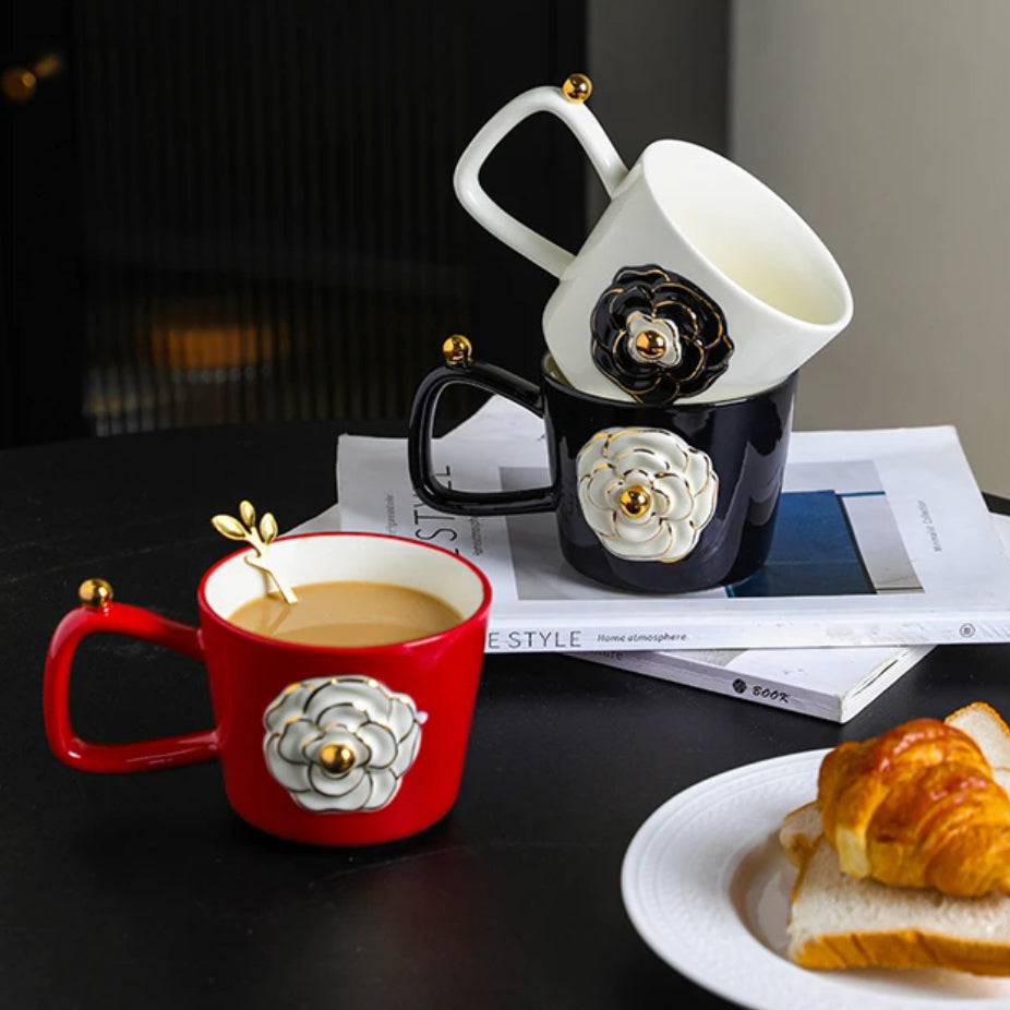 Romantic three-dimensional camellia ceramic mug