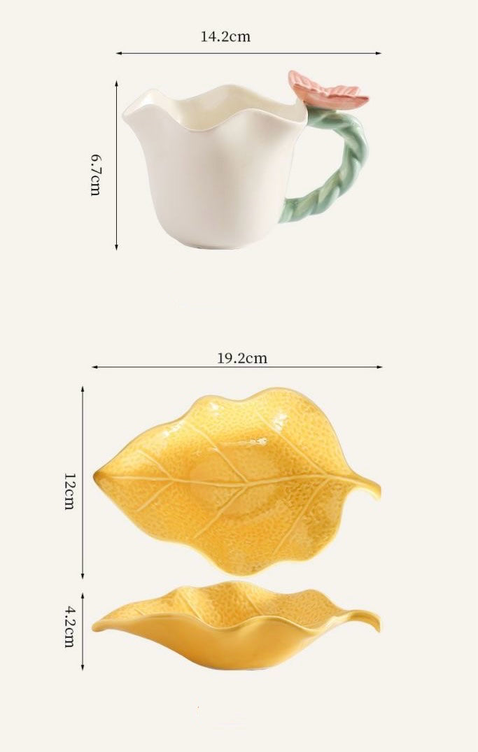 Flower and butterfly ceramic coffee cups and saucers