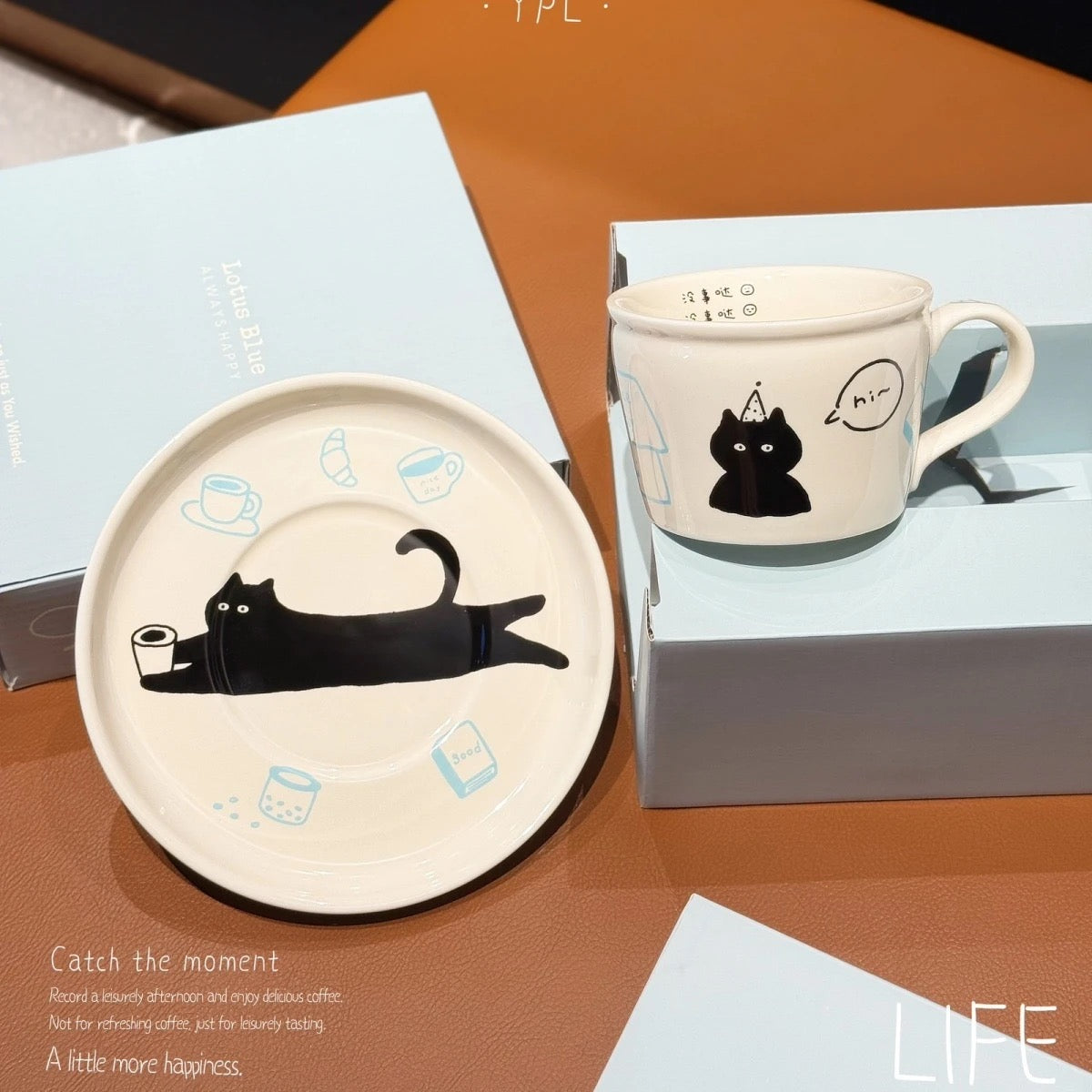 Black Cat Apple Ceramic coffee cups and saucers
