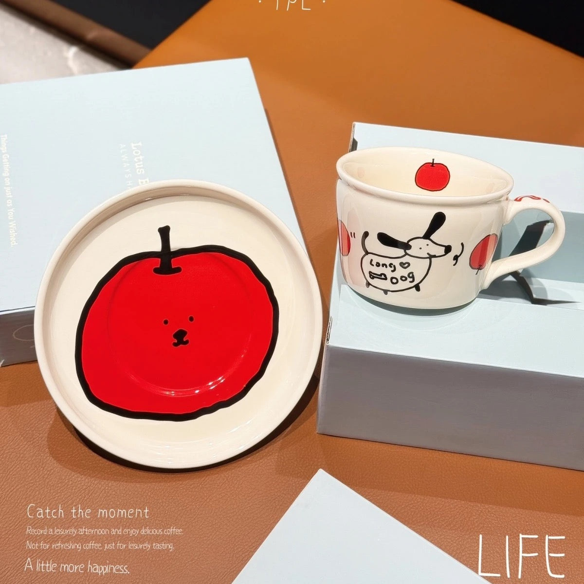 Black Cat Apple Ceramic coffee cups and saucers