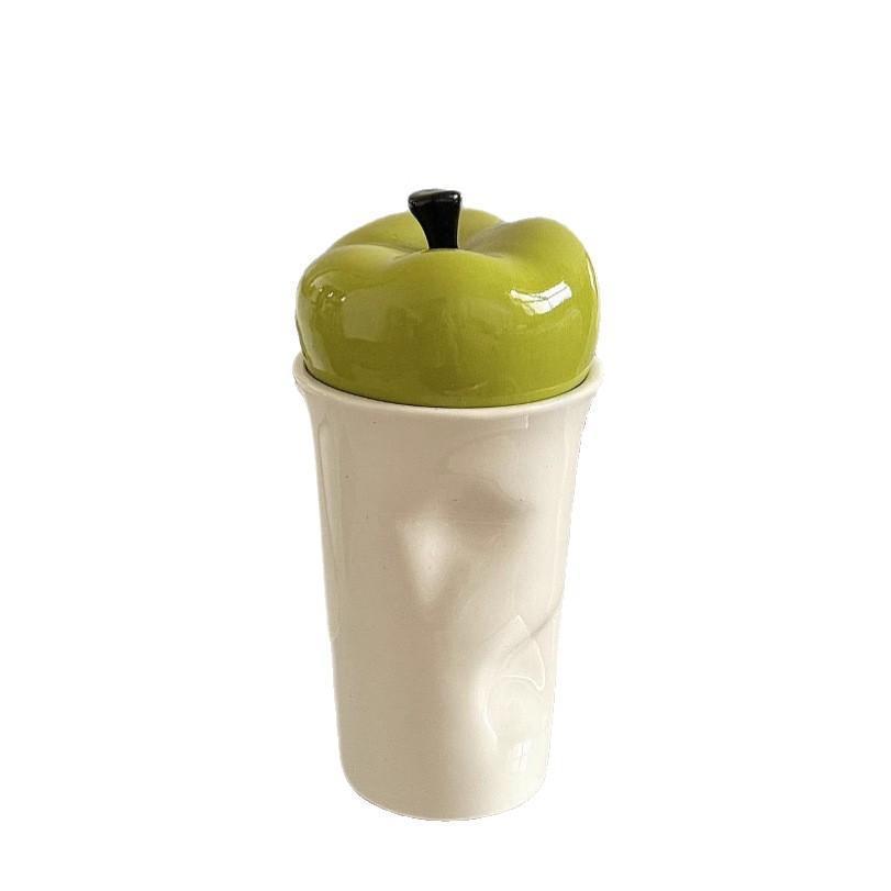 Fresh green apple ceramic cup with lid