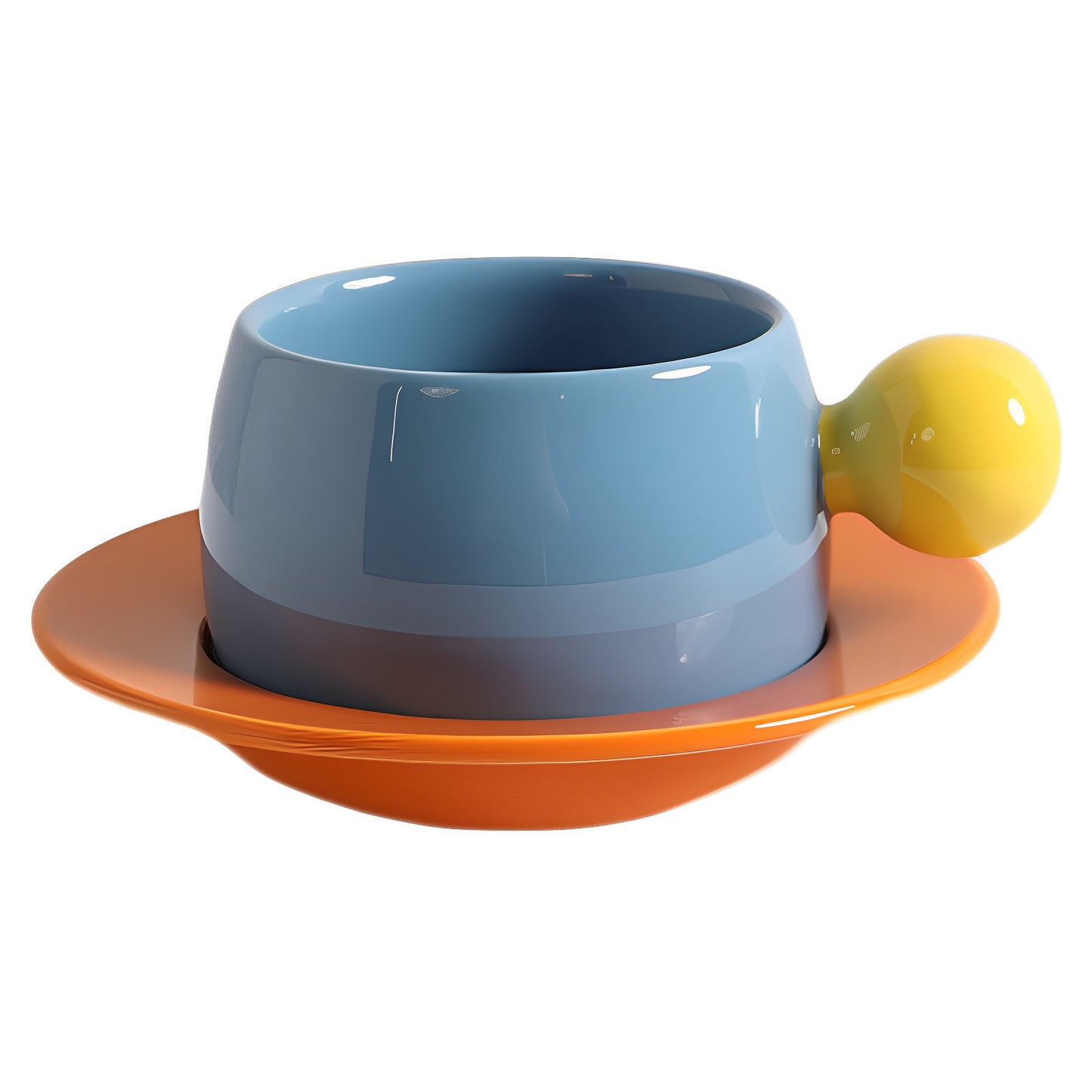 Coffee cups and saucers with contrasting colors and round handles