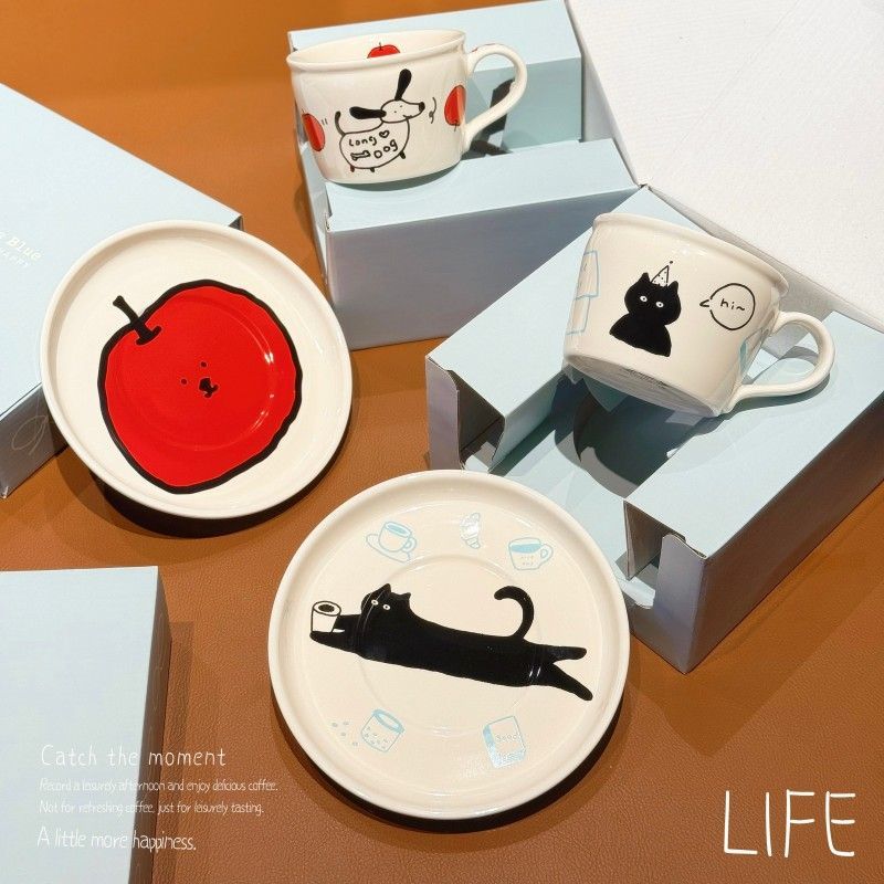 Black Cat Apple Ceramic coffee cups and saucers