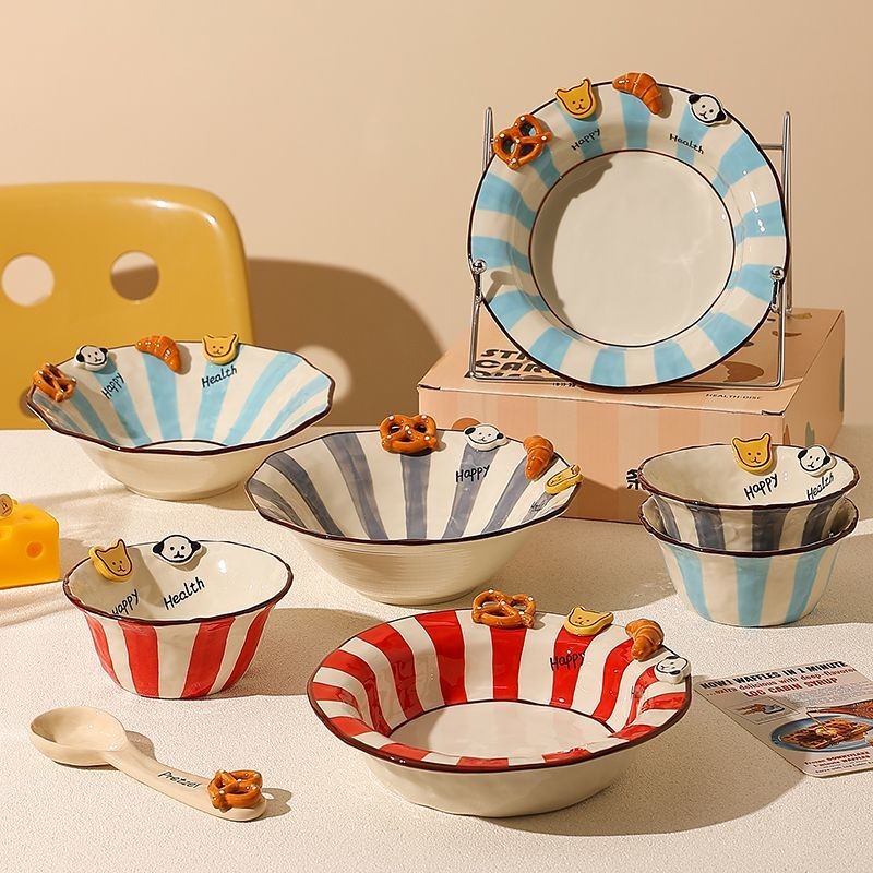 Handmade animal-shaped button ceramic bowl with colorful stripes