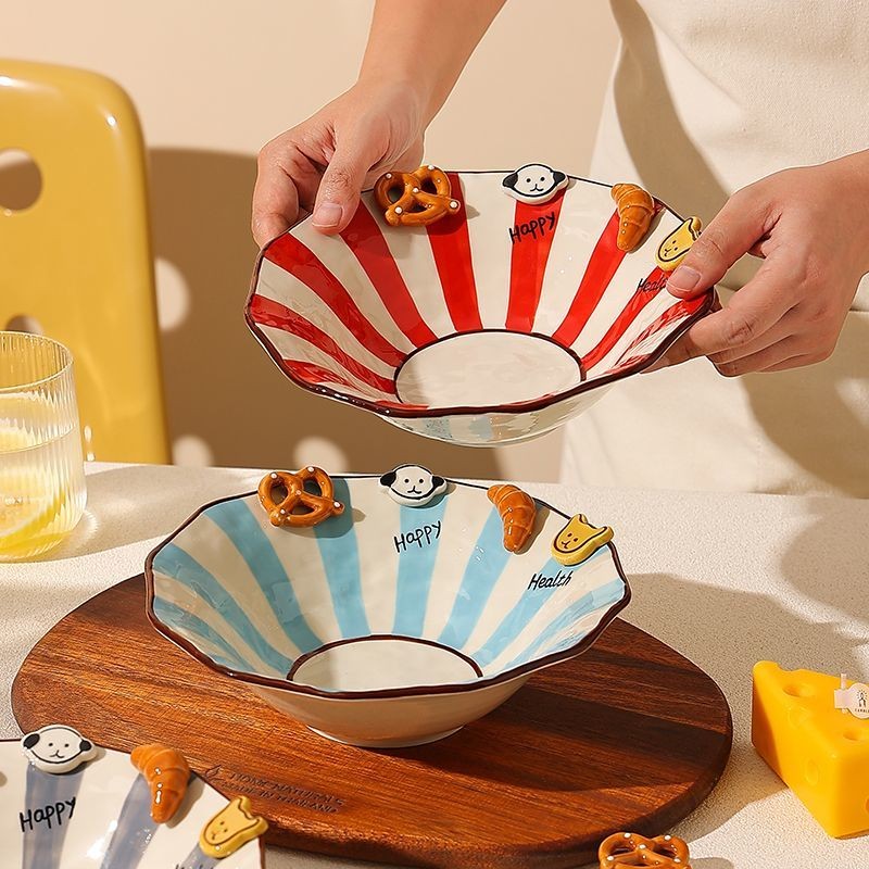 Handmade animal-shaped button ceramic bowl with colorful stripes