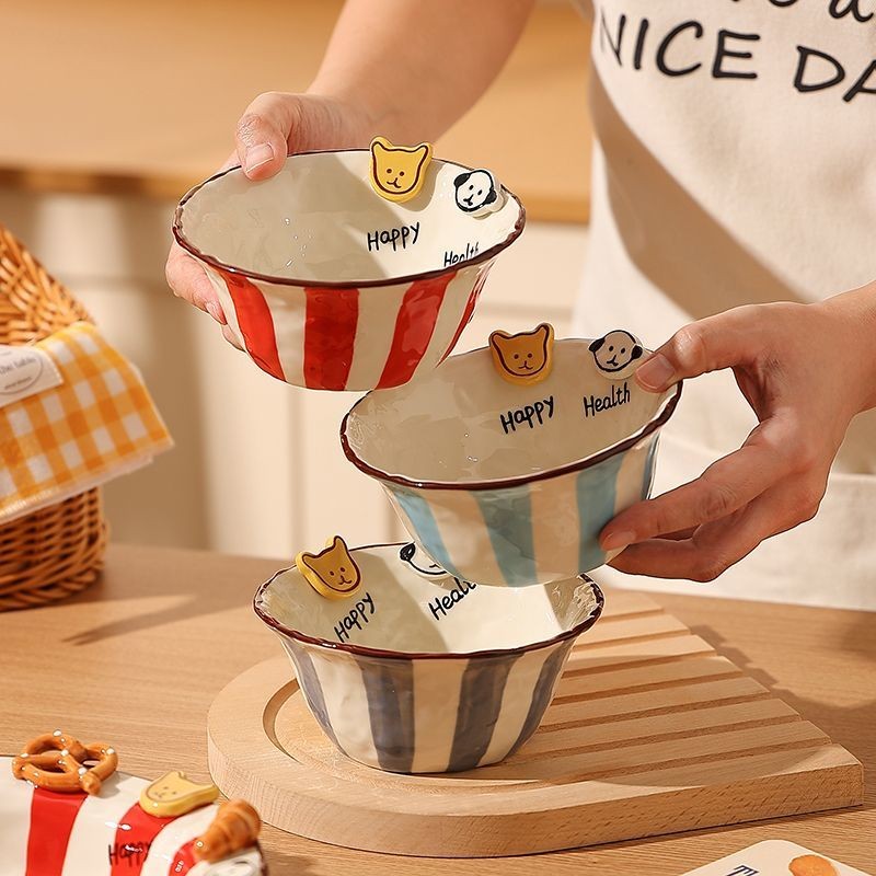 Handmade animal-shaped button ceramic bowl with colorful stripes