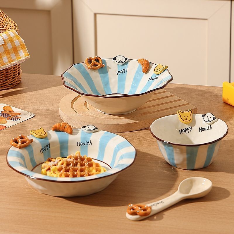 Handmade animal-shaped button ceramic bowl with colorful stripes