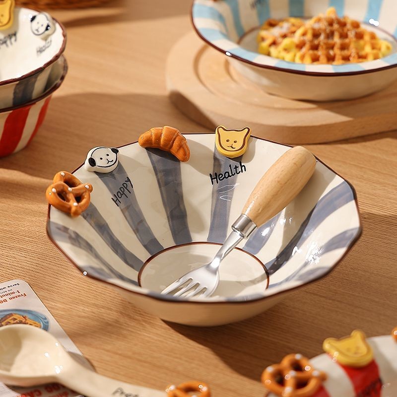 Handmade animal-shaped button ceramic bowl with colorful stripes