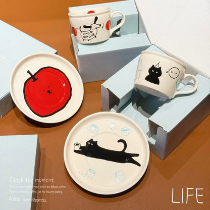 Black Cat Apple Ceramic coffee cups and saucers