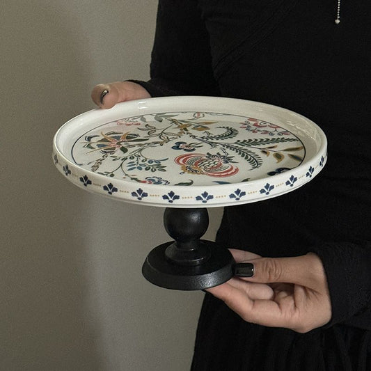 Vintage Wooden High-foot Ceramic Tray
