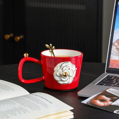 Romantic three-dimensional camellia ceramic mug