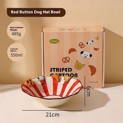 Handmade animal-shaped button ceramic bowl with colorful stripes