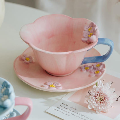 Romantic three-dimensional flower ceramic mugs and saucers