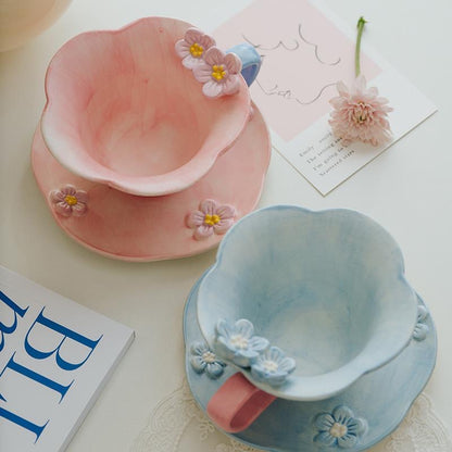 Romantic three-dimensional flower ceramic mugs and saucers