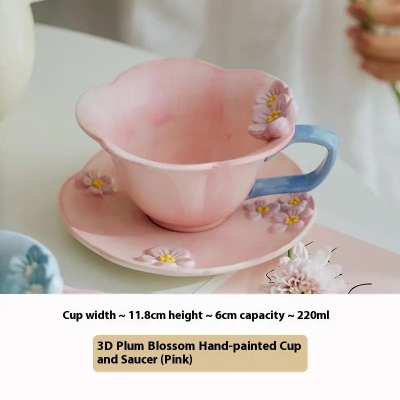 Romantic three-dimensional flower ceramic mugs and saucers