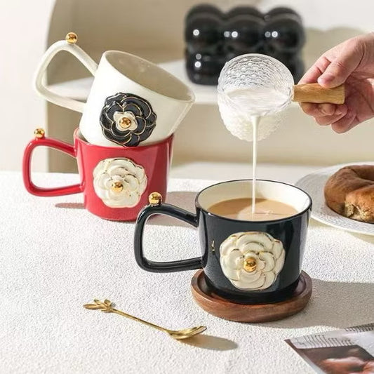 Romantic three-dimensional camellia ceramic mug