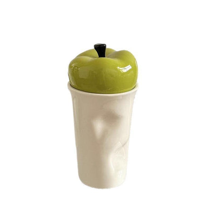 Fresh green apple ceramic cup with lid
