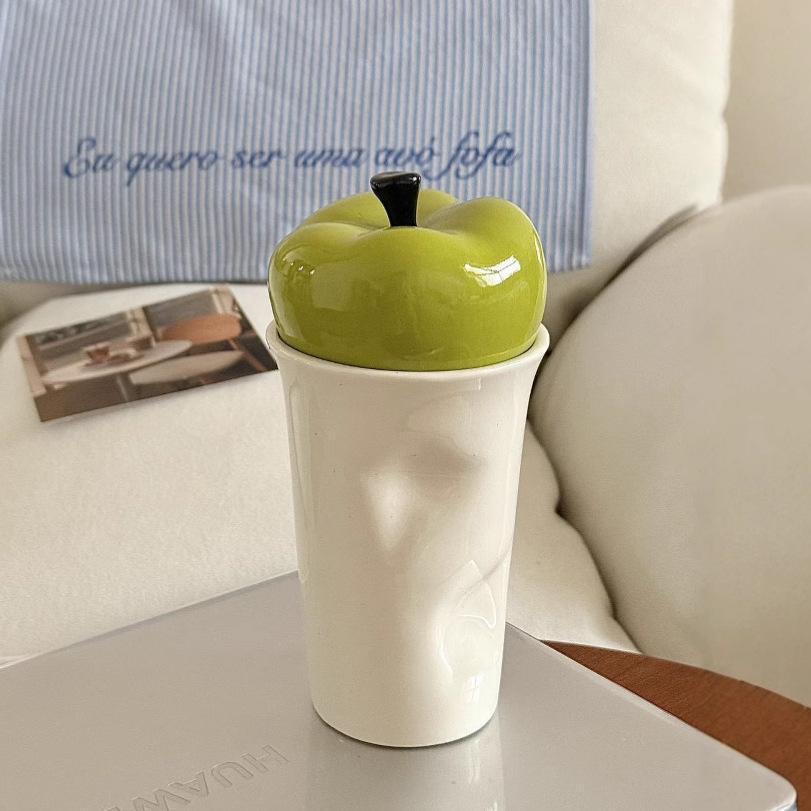 Fresh green apple ceramic cup with lid