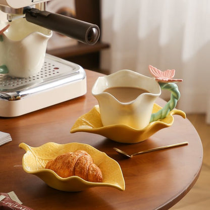 Flower and butterfly ceramic coffee cups and saucers