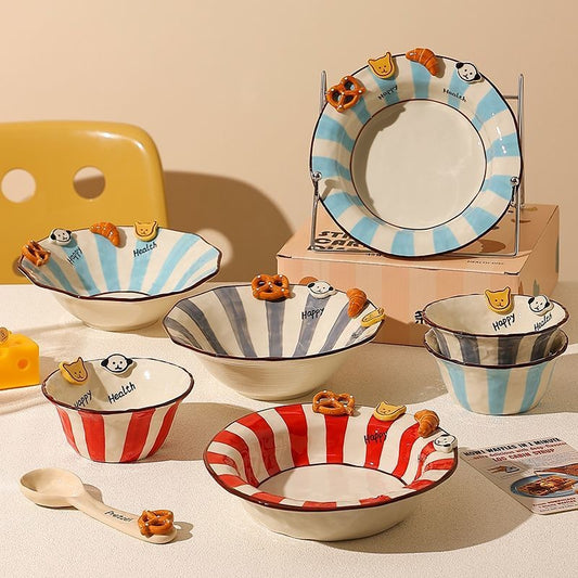 Handmade animal-shaped button ceramic bowl with colorful stripes